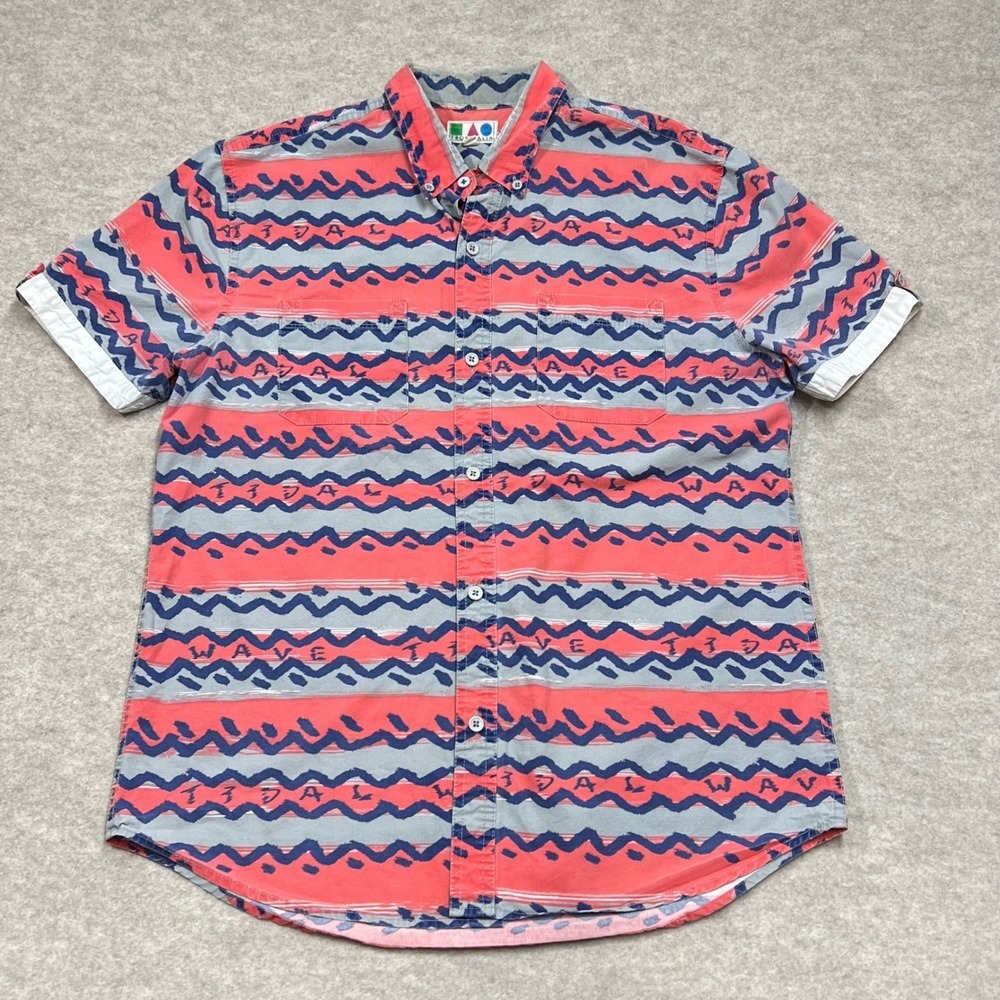 Vtg 90's Tropicalia Mens Small Red Blue Tidal‎ Wave Zig Zag Cotton Short Sleeve